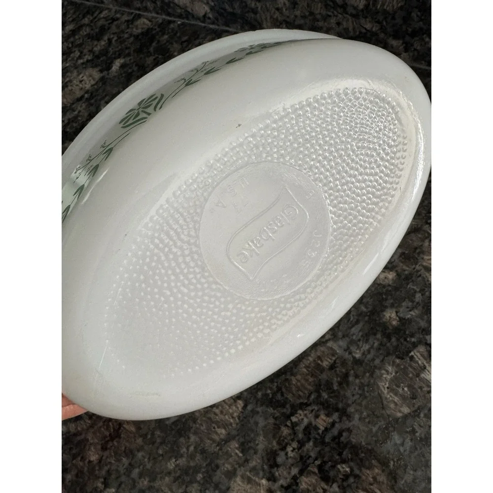 Vintage Glassbake 1 qt. Milk Glass Baking Dish with Green Flower Design‎ Country